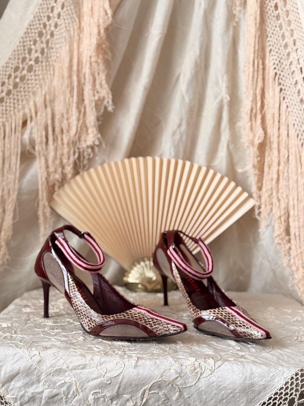 Rare Miu Miu Burgundy reptile patent leather mesh Pointed toe ankle strap Heels
